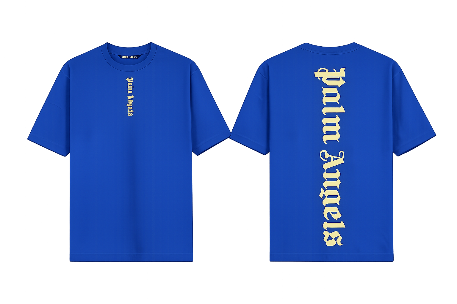 Palm Angels Blue T-Shirt featuring a large black gothic font logo