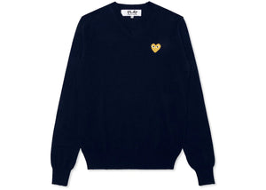 Comme Des Garcons Play Gold Heart V Neck Sweater Navy