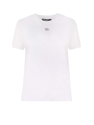 Dolce & Gabbana Woman Cotton Rhinestones Logo Detail T-Shirt White