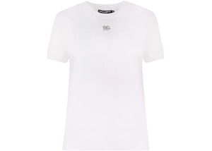 Dolce & Gabbana Woman Cotton Rhinestones Logo Detail T-Shirt White