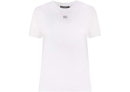 Dolce & Gabbana Woman Cotton Rhinestones Logo Detail T-Shirt White