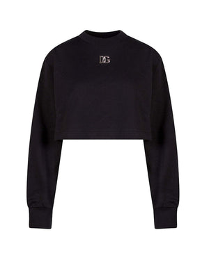 Dolce & Gabbana Woman Crop Fit Cotton DG Patch Sweatshirt Black