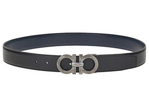 Ferragamo Reversible And Adjustable Gancini Belt Chiseled Black/Blue Marine