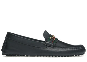Gucci Ayrton Webbing-Trimmed Horsebit Leather Driver Loafers Black