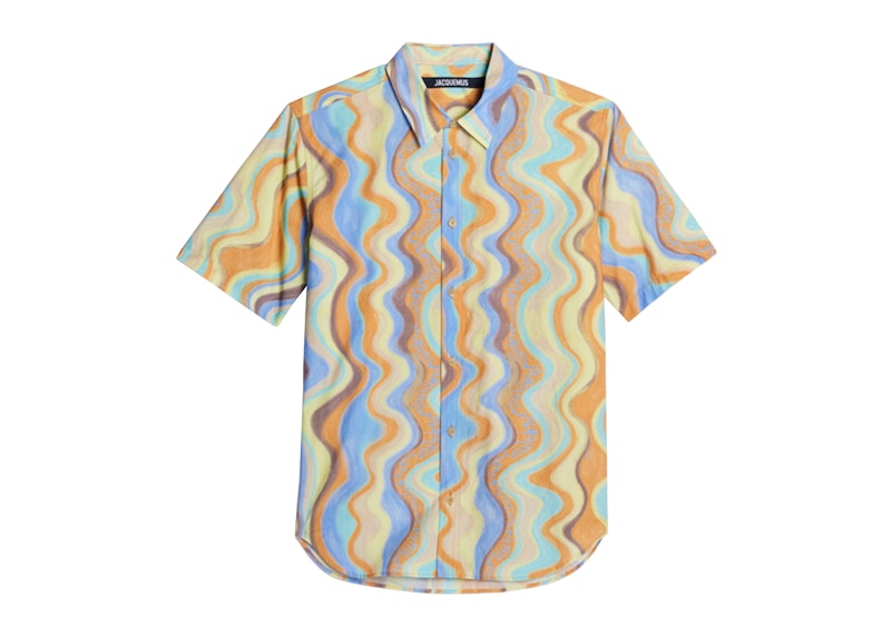 Jacquemus La Chemise Melo Paisley Bandana Shorts Sleeve Shirt Print Blue Waves Stripes