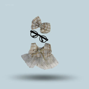 Labubu Doll Pearl Academia Fashion Dress Set – Plaid Outfit with Bow & Glasses Accessory 3 Piece Set