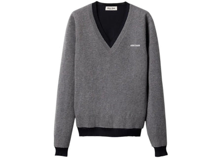 Miu Miu Silk Cashmere V-Neck Sweater Grigio Blu