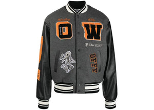 Off-White Patch Embellished Varsity Bomber Jacket Medium Grey Yellow Black