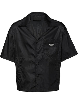 Prada Re-Nylon Shorts Sleeved Cropped Bowling Shirt Black