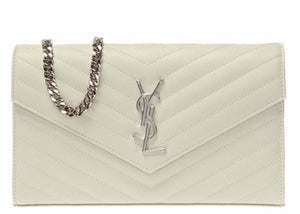 Saint Laurent Monogram Chain Wallet Matelasse Grain de Poudre Blanc Vintage