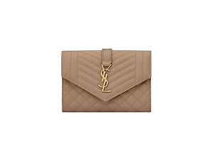 Saint Laurent Small Envelope Wallet In Mix Matlasse Grand de Purse Embossed Leather Dark Beige
