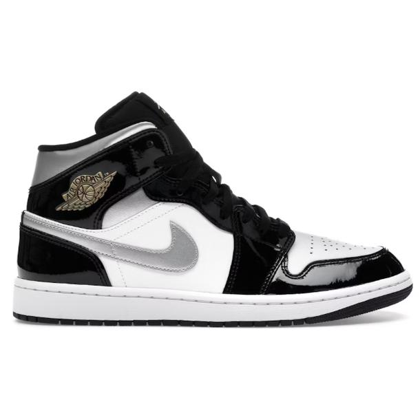 Jordan 1 Mid SE Patent Black White Metallic Silver Metallic