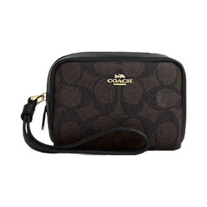 Coach Pouch Wristlet In Signature Canvas Signature Canvas-Gold-Walnut-Black