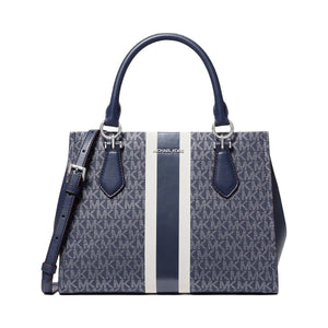Michael Kors Marilyn Medium Signature Logo Stripe Satchel Navy