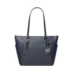 Michael Kors Charlotte Large Logo and Leather Top-Zip Tote Bag Admiral