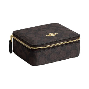 Coach Large Jewelry Box In Signature Canvas Signature Canvas-Gold-Walnut-Black