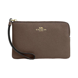 Coach Corner Zip Wristlet Pebbled Leather-Gold-Dark Stone