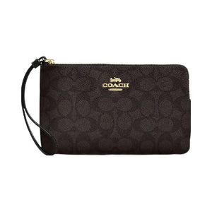 Coach Large Corner Zip Wristlet In Signature Canvas Signature Canvas-Gold-Walnut-Black