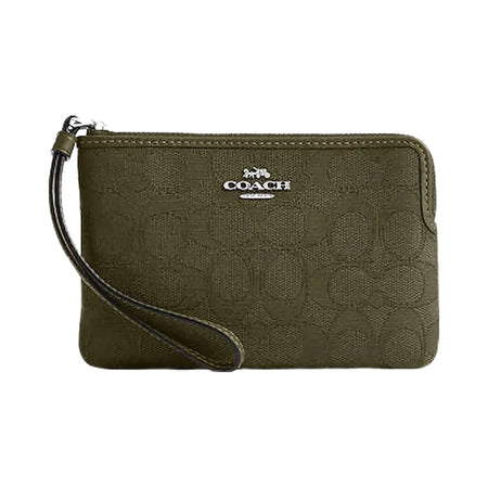 Coach Corner Zip Wristlet In Signature Jacquard Non Leather-Silver-Olive Drab-Olive Drab