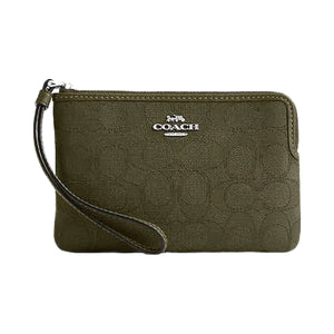 Coach Corner Zip Wristlet In Signature Jacquard Non Leather-Silver-Olive Drab-Olive Drab