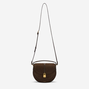 DeMellier The Siena Saddle mocha suede & mocha small grain