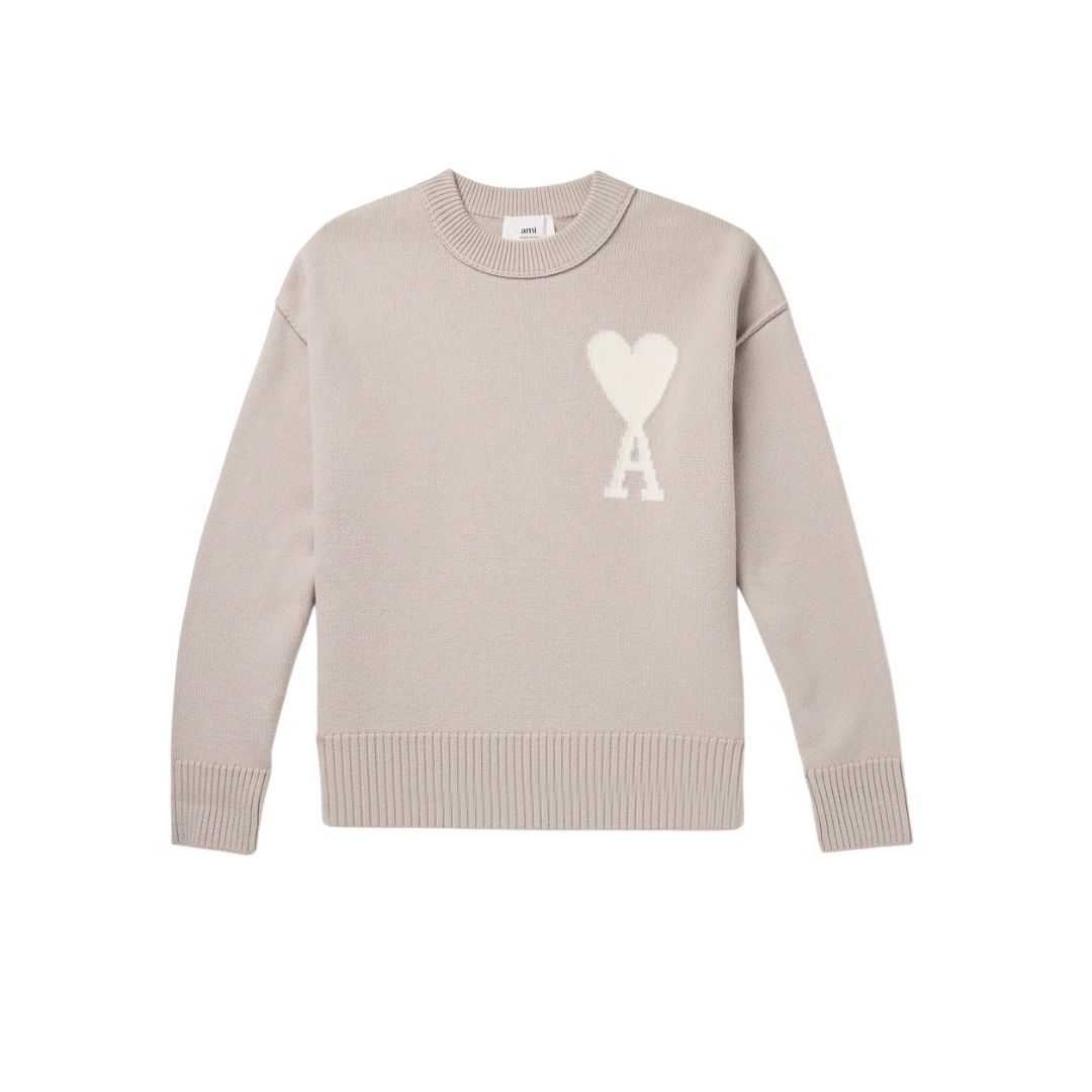 AMI PARIS Logo Intarsia Virgin Wool Sweater Neutrals