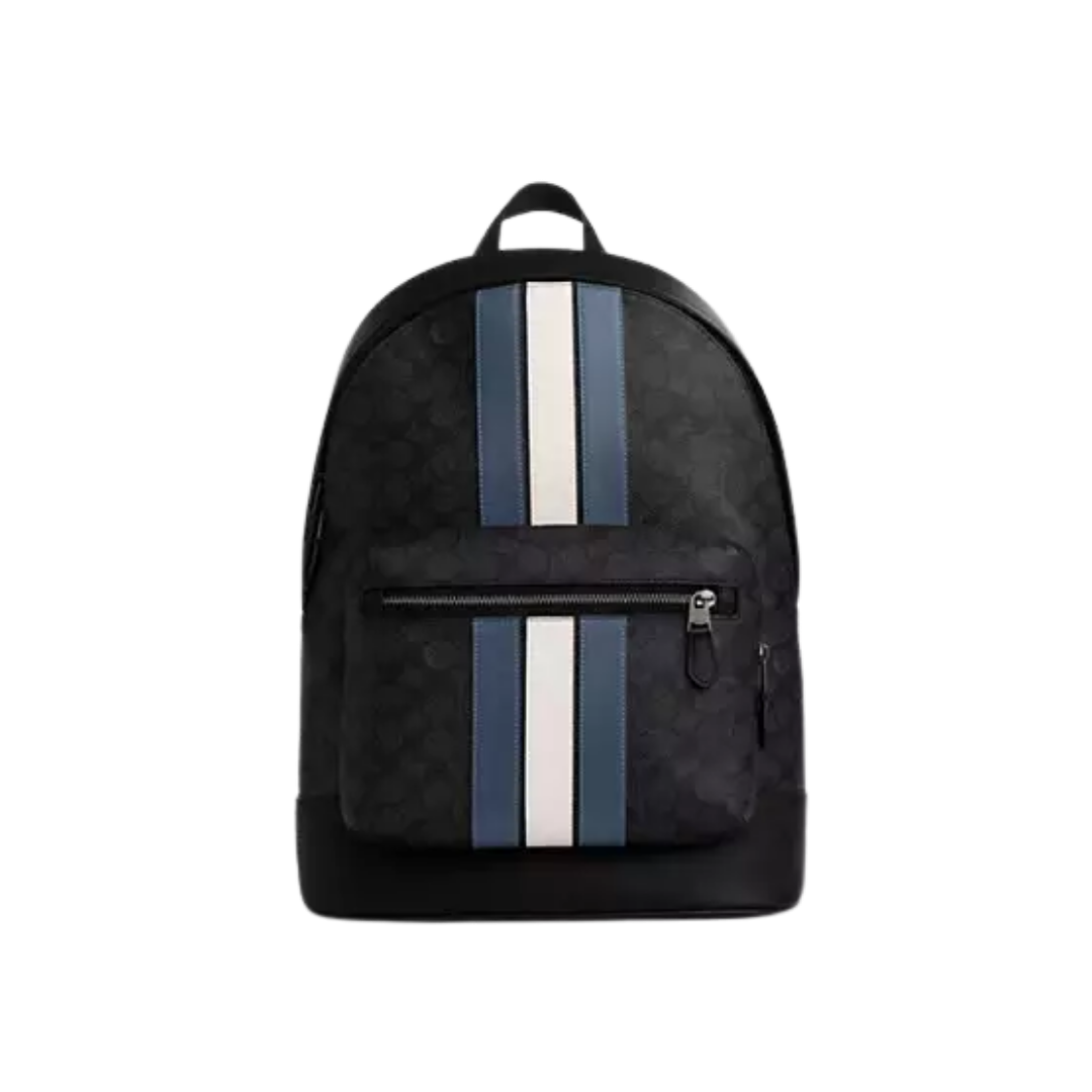 West Backpack In Signature Canvas With Varsity Stripe signature canvas/Gunmetal/Charcoal/Denim/Chalk