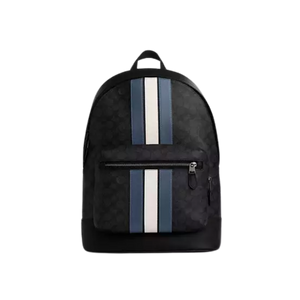 West Backpack In Signature Canvas With Varsity Stripe signature canvas/Gunmetal/Charcoal/Denim/Chalk