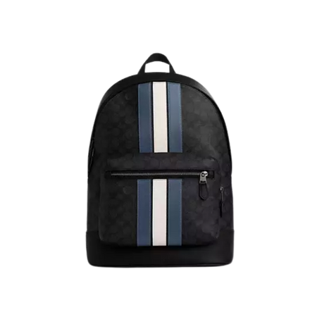 West Backpack In Signature Canvas With Varsity Stripe signature canvas/Gunmetal/Charcoal/Denim/Chalk