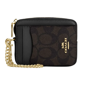 Coach Zip Card Case In Signature Canvas Gold Walnut Black