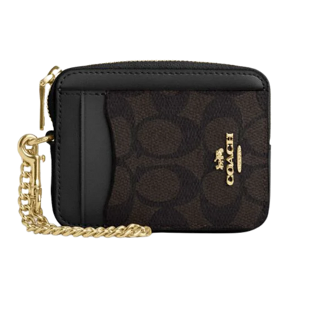 Coach Zip Card Case In Signature Canvas Gold Walnut Black