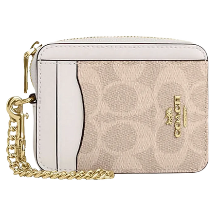 Coach Zip Card Case In Signature Canvas Signature Canvas-Gold-Sand-Chalk
