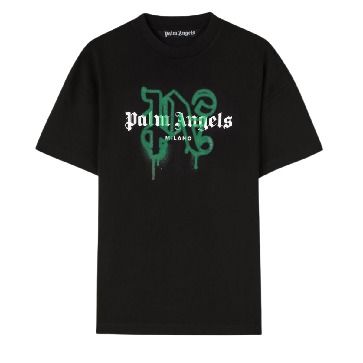 Palm Angels Milano Monogram Sprayed Logo T-Shirt In Black/Green Cotton