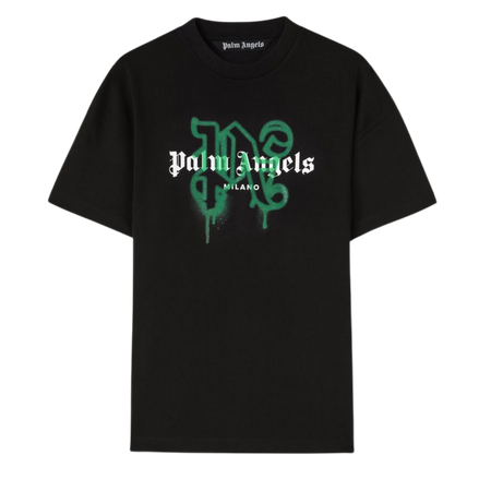Palm Angels Milano Monogram Sprayed Logo T-Shirt In Black/Green Cotton