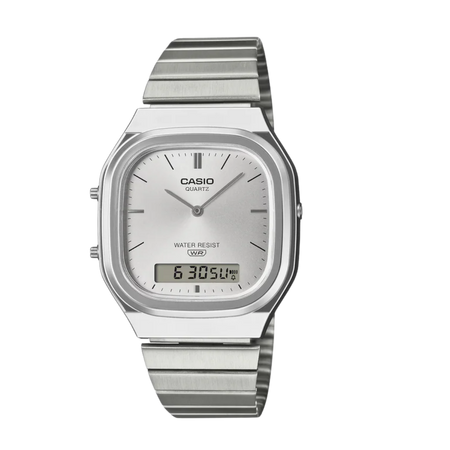 Casio Vintage AQ-240E-7A Silver Dial Analog Digital Stainless Steel Watch with Dual Time D420