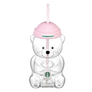 Starbucks Bearista Korea Edition Bear Glass Tumbler Light Pink Striped Straw 591ml