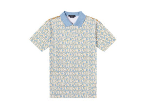 Versace All Over Logo Pique Polo Shirt Blue Multi