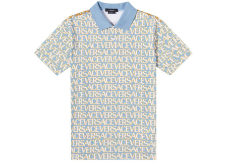 Versace All Over Logo Pique Polo Shirt Blue Multi