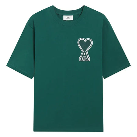 Ami Paris Pure Cotton Heart Embroidered Couple Unisex Green T-Shirt