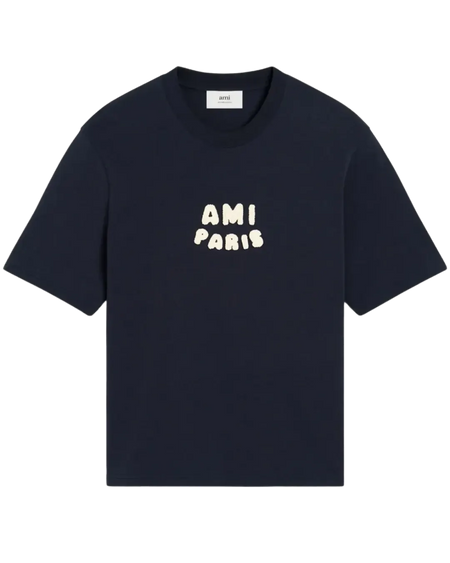 AMI Paris cotton T-Shirt with a front logo patch navy blue