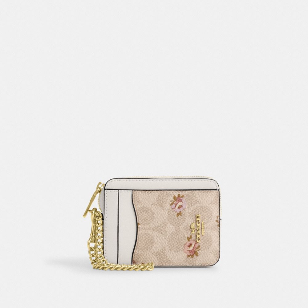 Coach Zip Card Case In Signature Canvas With Floral Print Gold Sand Multi