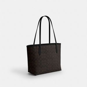 Coach Medium City Tote Bag In Signature Canvas Gold Walnut Black