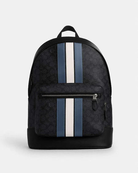 Coach West Backpack In Signature Canvas With Varsity Stripe Signature Canvas-Gunmetal-Charcoal-Denim-Chalk