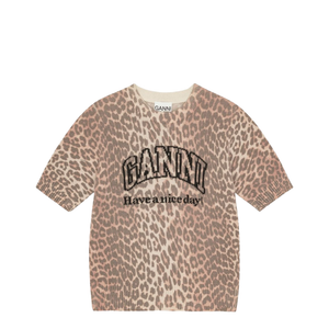 Beige Crew Neck Shorts Sleeves Leopard Print Ribbed Trim