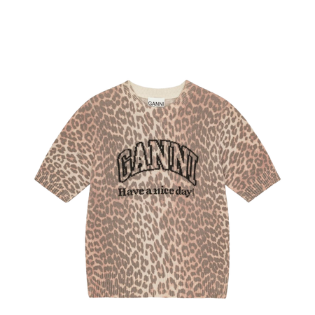 Beige Crew Neck Shorts Sleeves Leopard Print Ribbed Trim