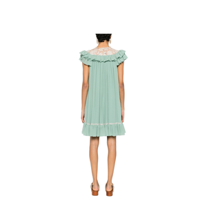Shorts-sleeve mini dress in silk georgette & lace