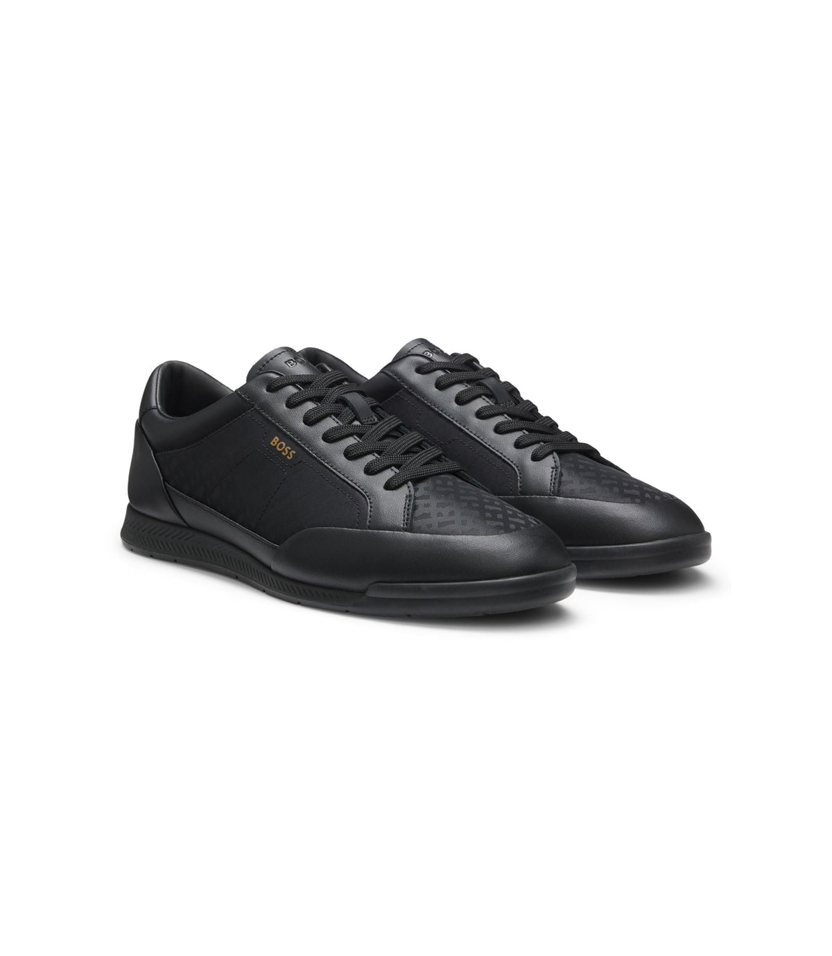 Boss Leather Sneakers With Monogram Paneling Black Black