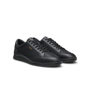 Boss Leather Sneakers With Monogram Paneling Black Black