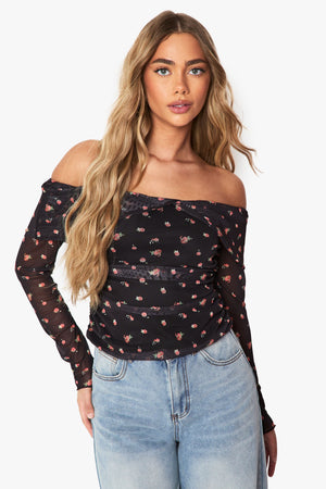 Printed Mesh Bardot Ruched Top