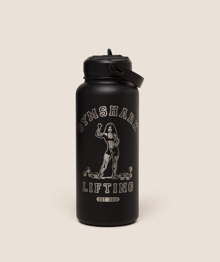 Gymshark Metal Insulated 1L Bottle with Straw - Strongwoman Graphic - Black